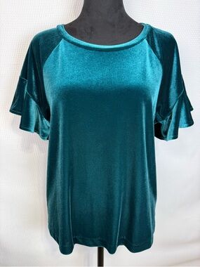 Worthington Petite Teal Velvet Flutter Sleeve Top PS Soft Stretch Velour Blouse